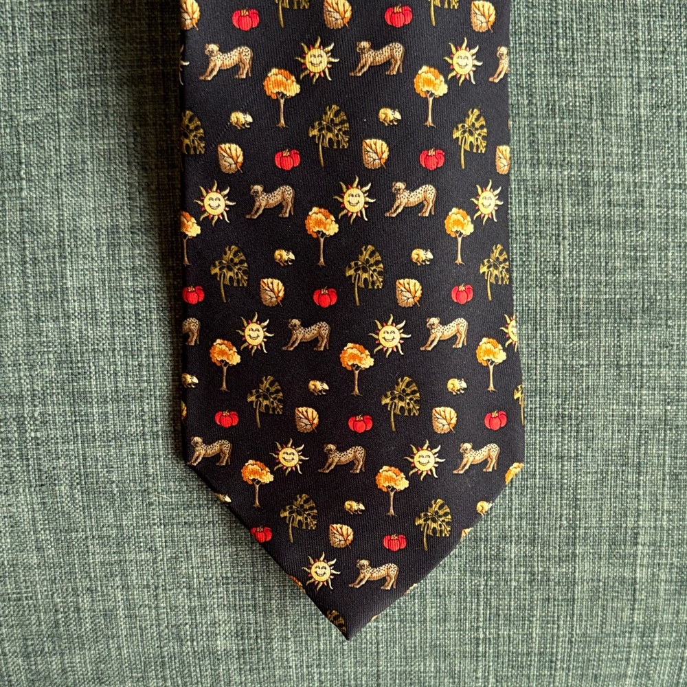 Salvadore Ferragamo Men's 100% silk jungle sun leopard animal tie black EUC work - Picture 2 of 8